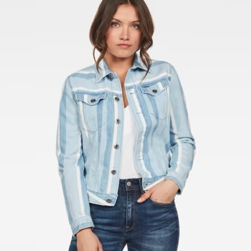 G-Star Raw Light Wash Striped Denim Jacket Slim/Trucker Style Size Small